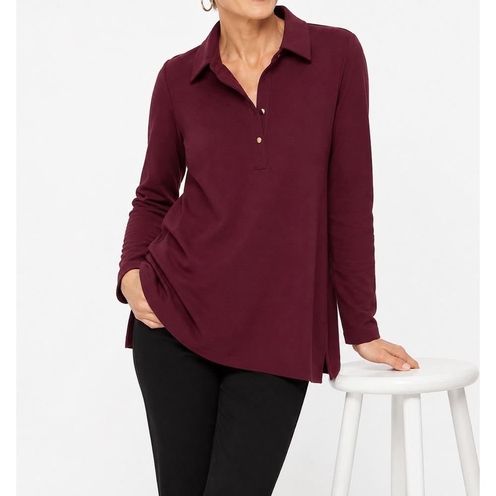 Chico's Women Burgundy Long Sleeve Polo Tunic Top Size 1 Medium Gold Buttons